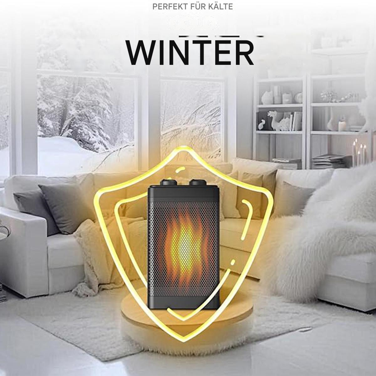 Schwarze Elektroheizung mit Leuchteffekt, in einem Wohnzimmer mit Schnee draußen. Text: WINTER.
