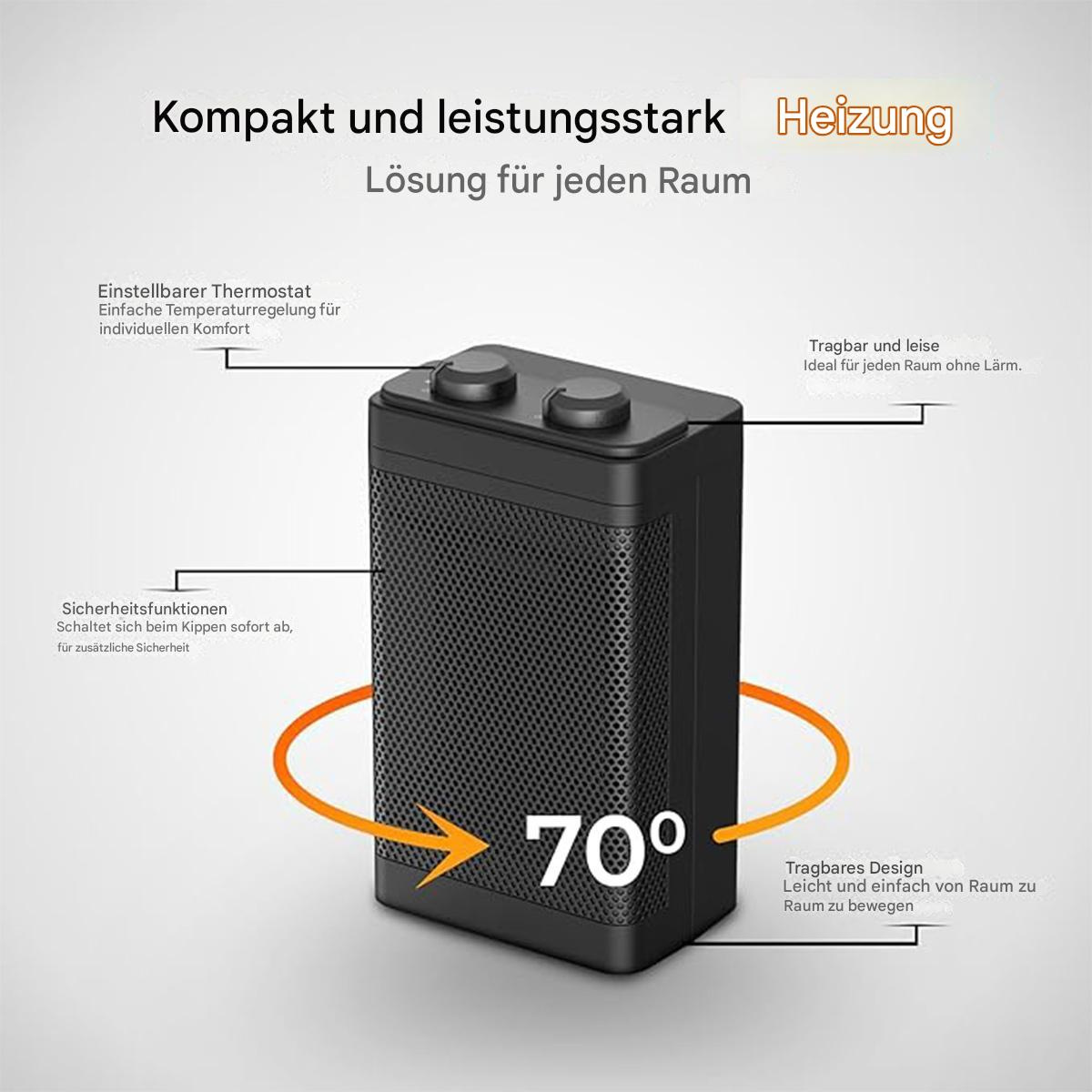 Schwarzer tragbarer Heizlüfter mit Pfeilen und Beschriftungen. Er zeigt '70°' und 'Heizung'.