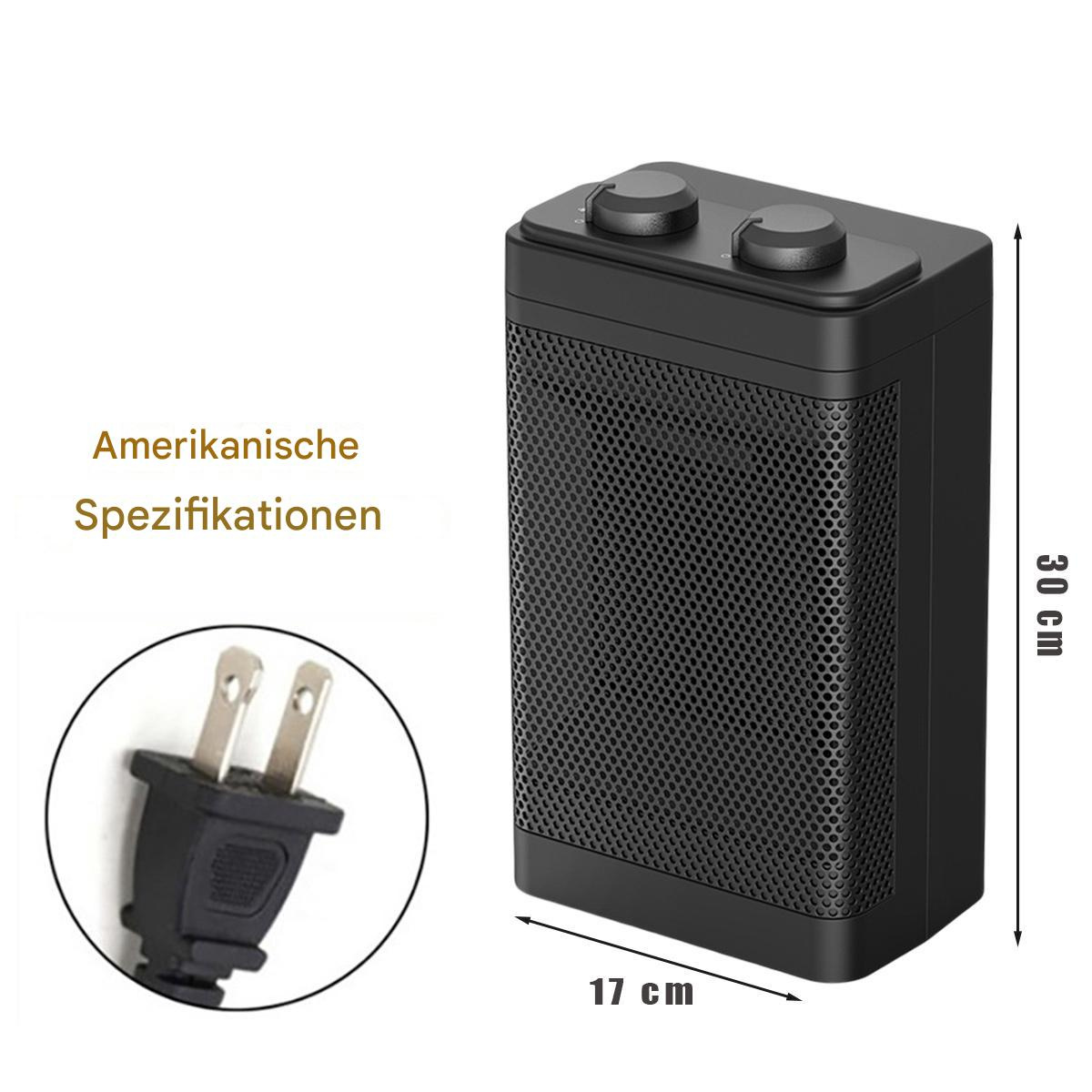 Schwarze Heizung mit Netzstecker. Abmessungen 17x30cm. Text 'Amerikanische Spezifikationen' ist auch sichtbar.