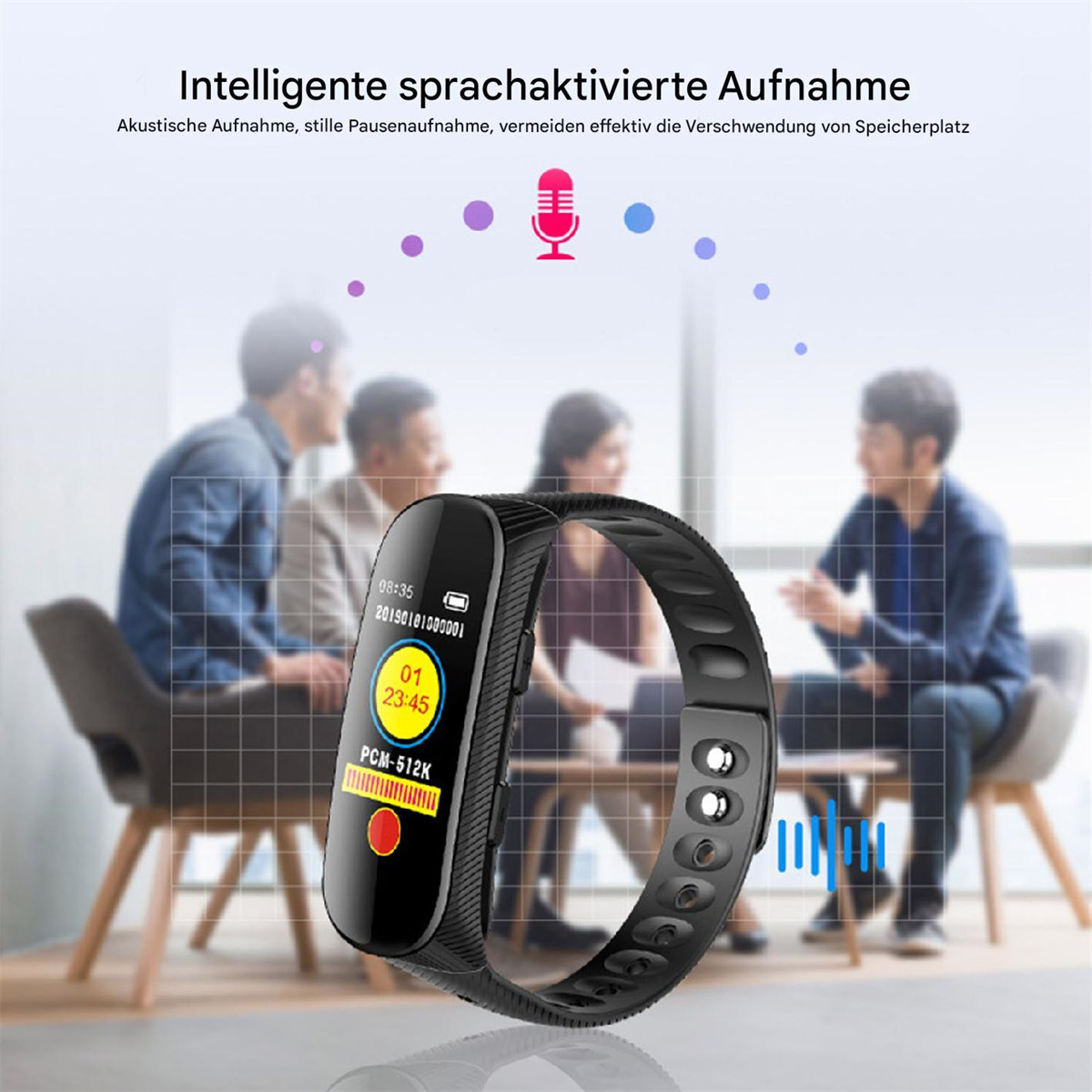 Eine schwarze Smartwatch mit Zeitanzeige, getragen von jemandem in einem Meeting.