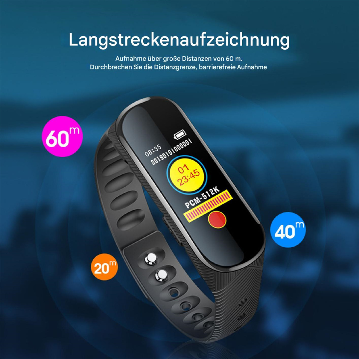 Smartwatch zeigt Zeit und Daten an, mit Distanzindikatoren von 20m, 40m, und 60m.