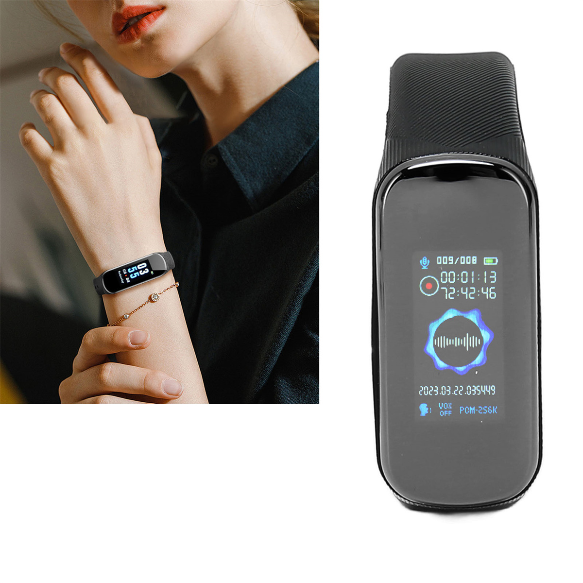 Ein schwarzes Armband mit Display, das Zeit und Wellenform anzeigt, mit Frauenhand.