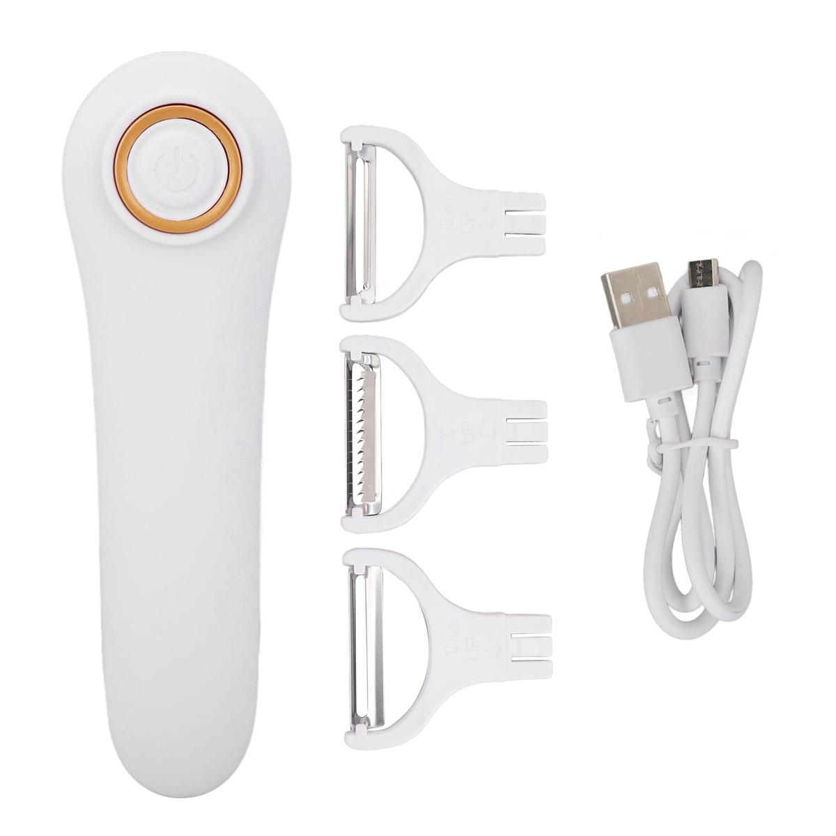 Weißer elektrischer Schäler mit drei Klingen, einem USB-Kabel und einem Ladeanschluss auf weißem Hintergrund.