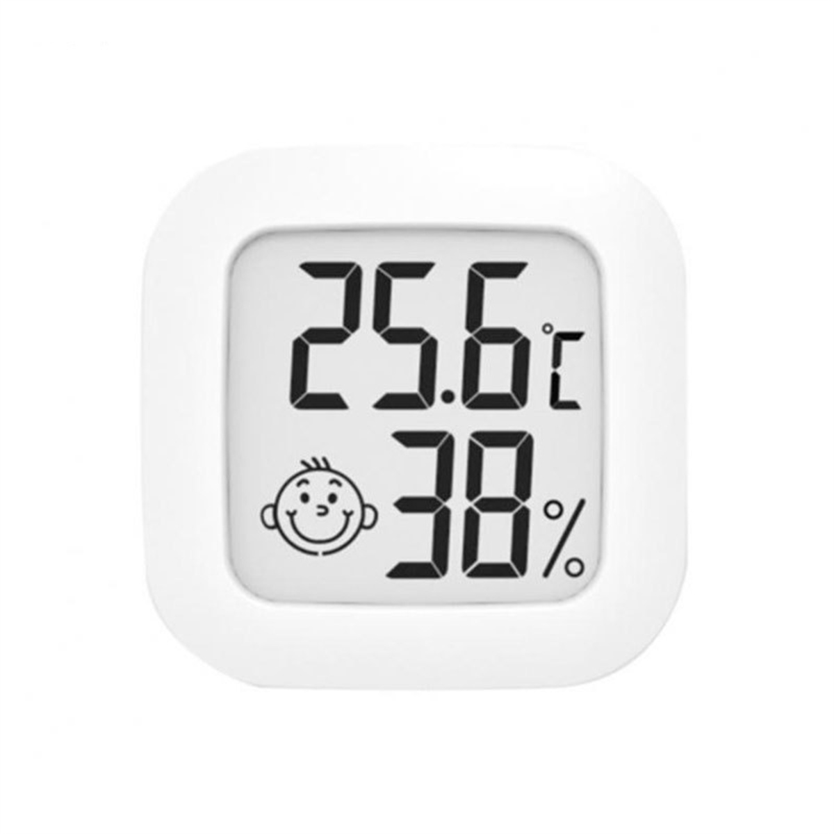 Weißes digitales Thermometer zeigt 25,6°C und 38% Luftfeuchtigkeit.