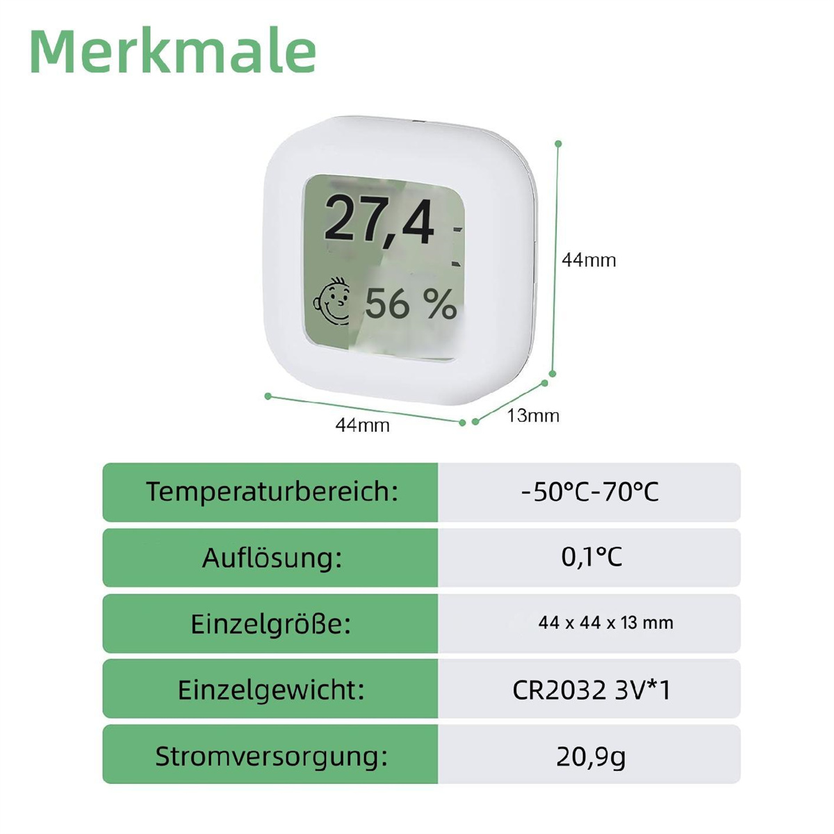 Kleines weißes Digitalthermometer mit Temperatur- und Feuchtigkeitsanzeige.