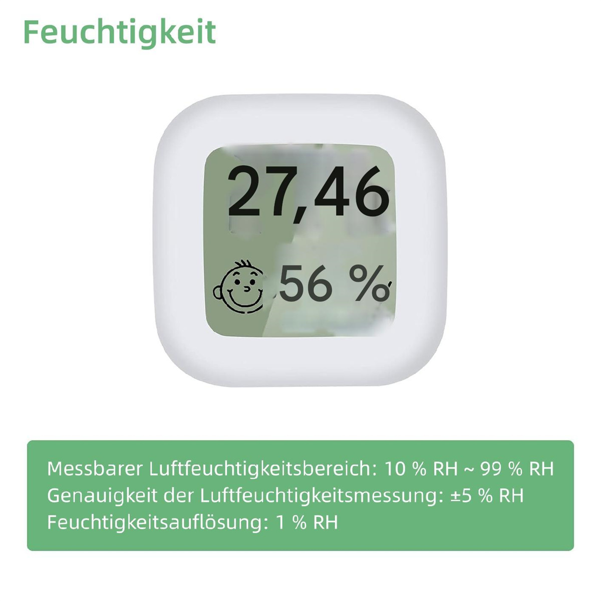 Weißes digitales Gerät mit Feuchtigkeitsanzeige. Zeigt 27,46 und 56% an.