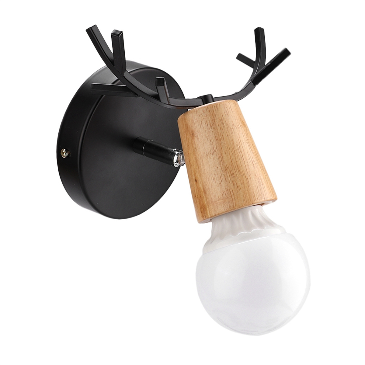 Eine schwarze Wandleuchte mit Holz- und weißen Lichtelementen.