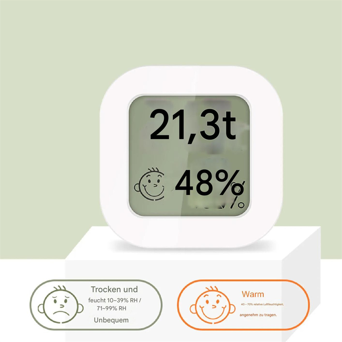 Weißes digitales Thermometer mit Zahlen und Symbolen.