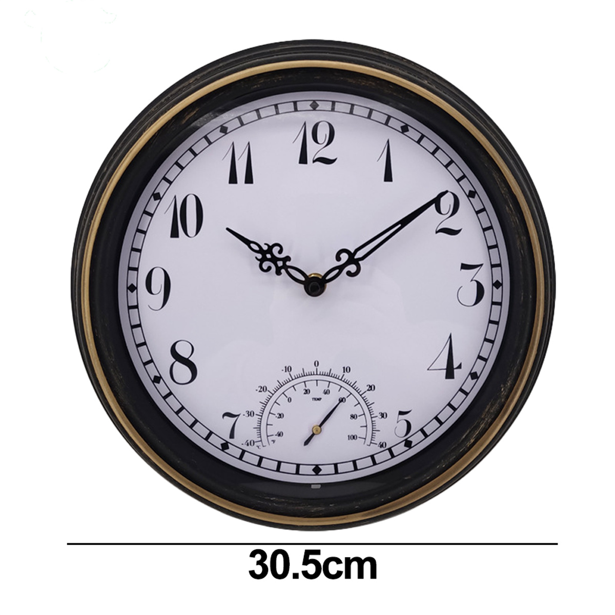 Eine runde Uhr mit schwarzem Rahmen, weißem Zifferblatt, schwarzen Zahlen und einem Thermometer unten.