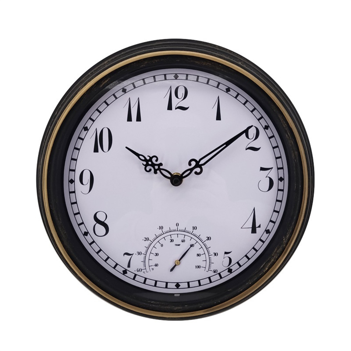 Eine weiße Uhr mit schwarzen und goldenen Akzenten, die Zeit und Temperatur anzeigt.
