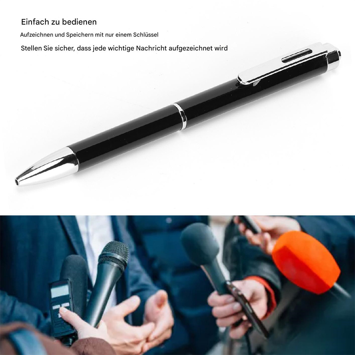 Ein schwarzer Stift mit silberner Spitze und Clip mit Text auf der Oberseite. Eine Gruppe von Mikrofonen ist ebenfalls sichtbar.