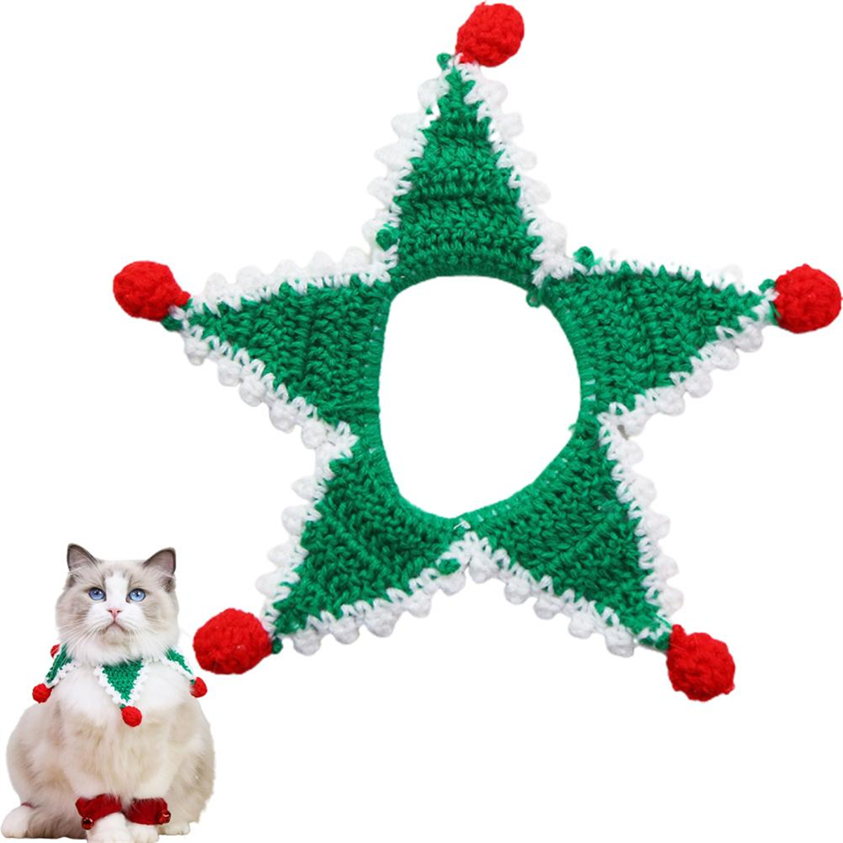Eine Katze mit einem sternförmigen Weihnachts-Kragen in Grün und Rot.