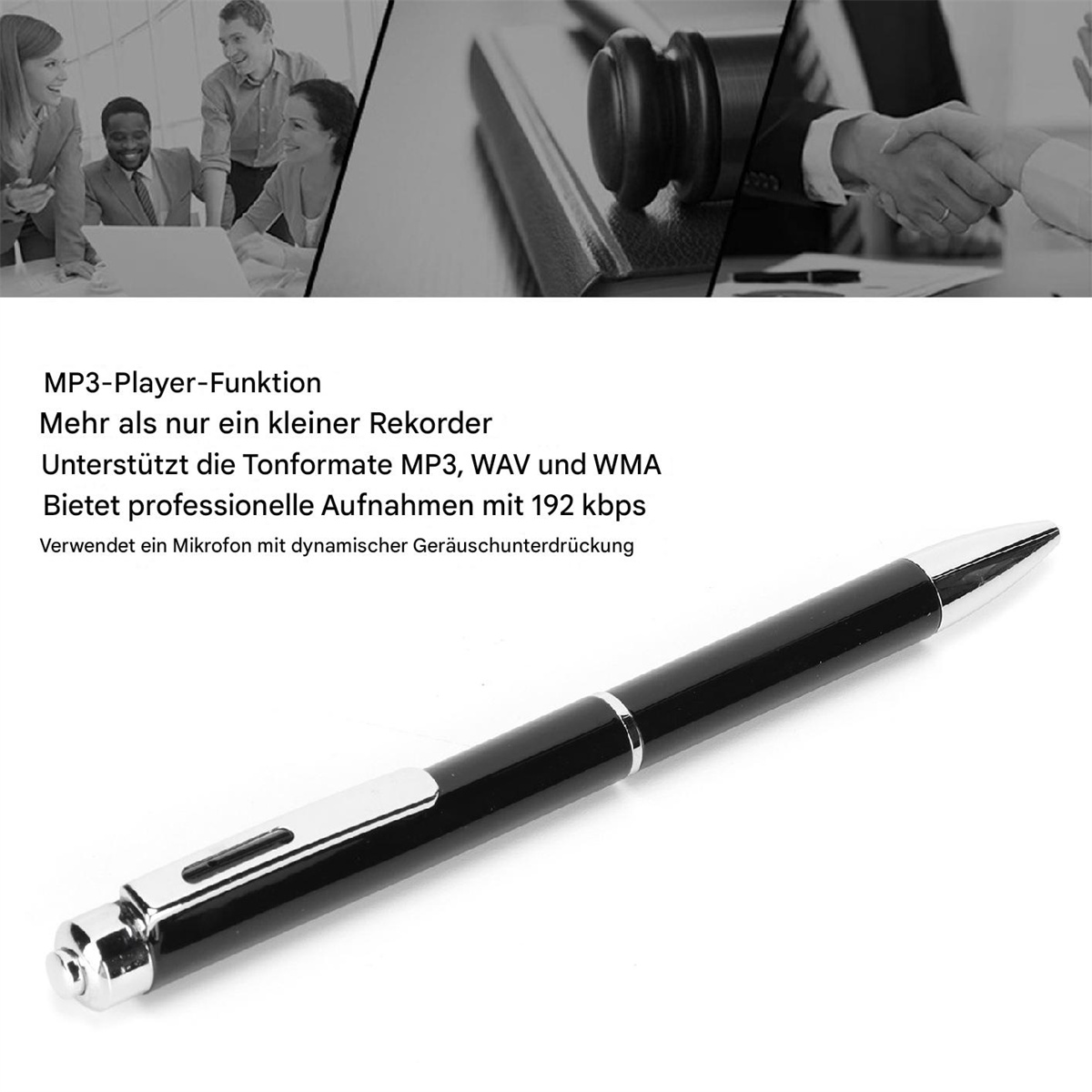 Ein schwarzer Stift mit silbernem Clip und Akzenten, mit Text über Recorder- und MP3-Player-Funktionen.