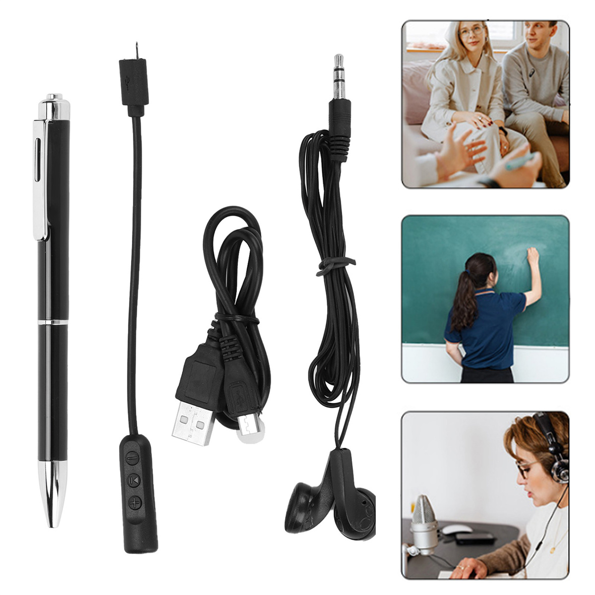 Ein Stift, Kabel und Kopfhörer neben Bildern von Menschen in verschiedenen Umgebungen.