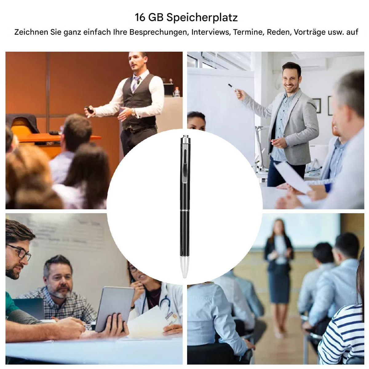 Bilder von Personen in einer Geschäftsumgebung, mit einem Stift in der Mitte. Text auf Deutsch erwähnt Speicher.