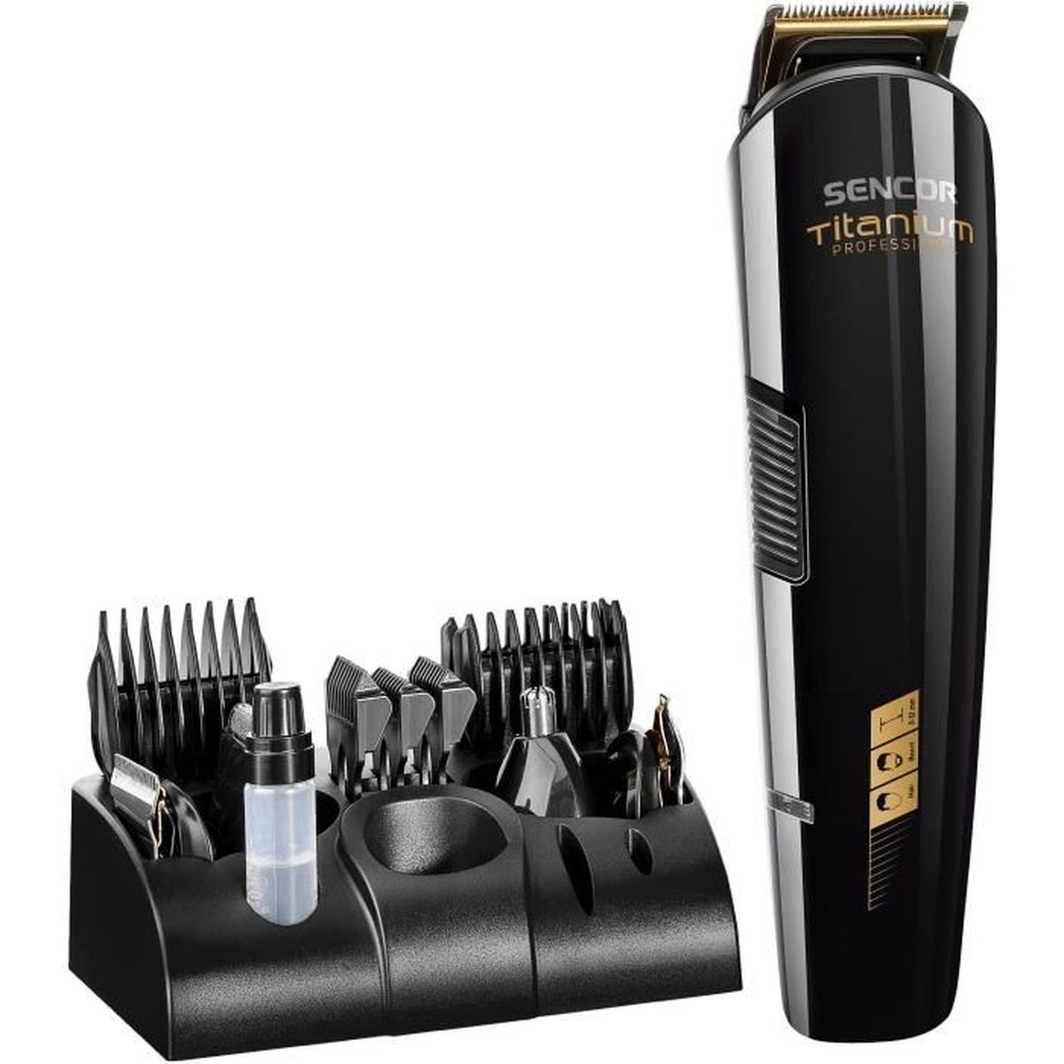 Schwarzes SENCOR Titanium Haarschneide-Set mit verschiedenen Aufsätzen und Zubehör.