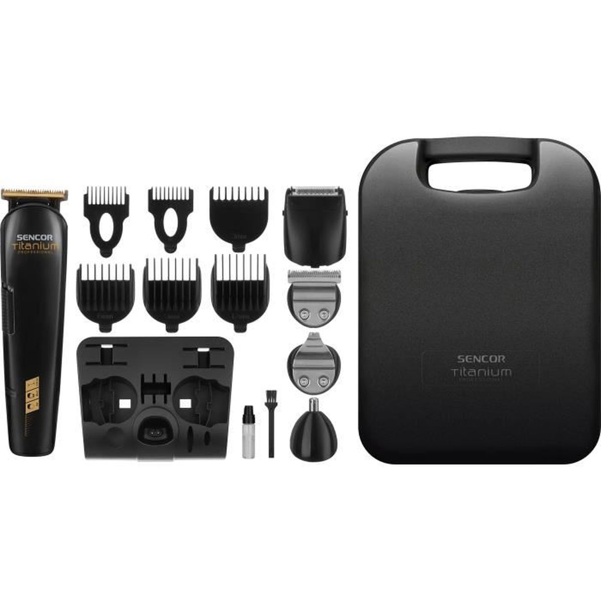 Schwarzes Sencor Titanium Haarschneiderset mit Aufsätzen und einer Tragetasche.