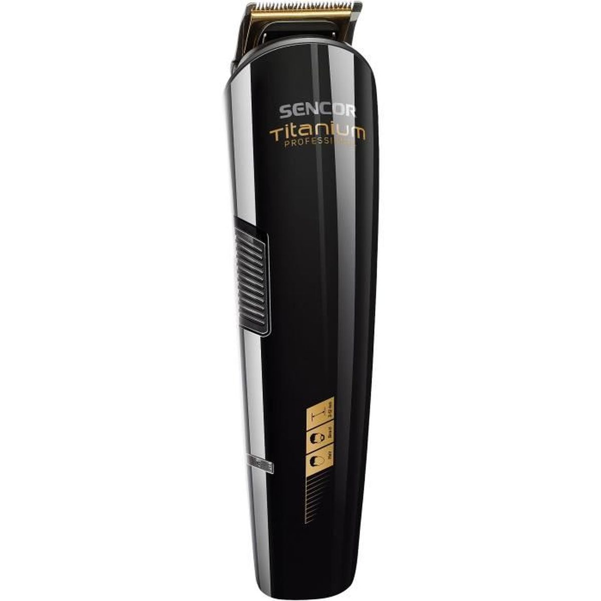 Schwarz-goldener Sencor Titanium Haarschneider, Nahaufnahme.