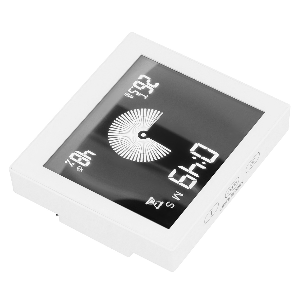 Eine weiße Digitaluhr mit Zeit-, Temperatur- und Feuchtigkeitsanzeige. Sie hat einen übersichtlichen Bildschirm und Knöpfe.