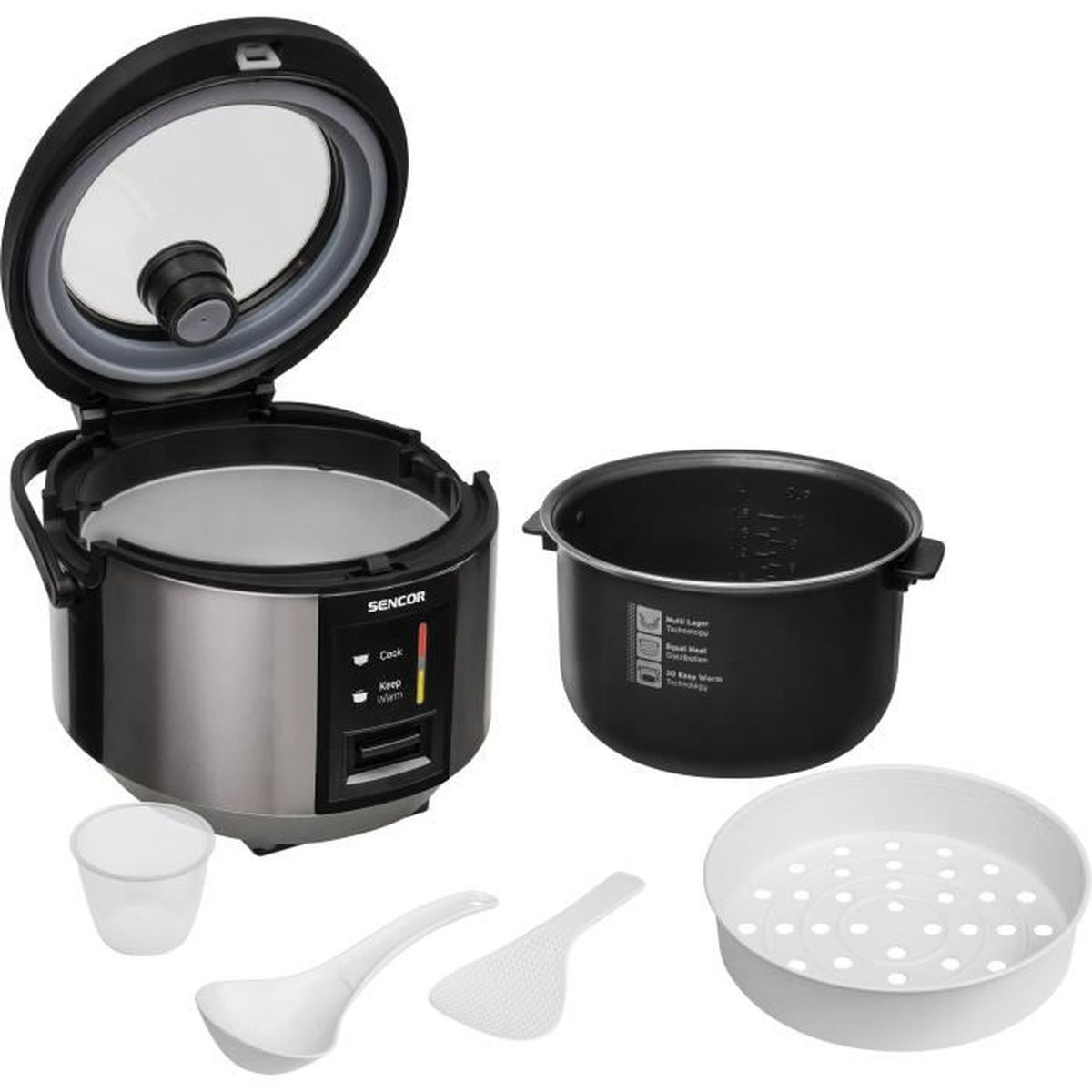 Reiskocher mit offenem Deckel, Innentopf, Dampfgarer, Messbecher und Löffeln.