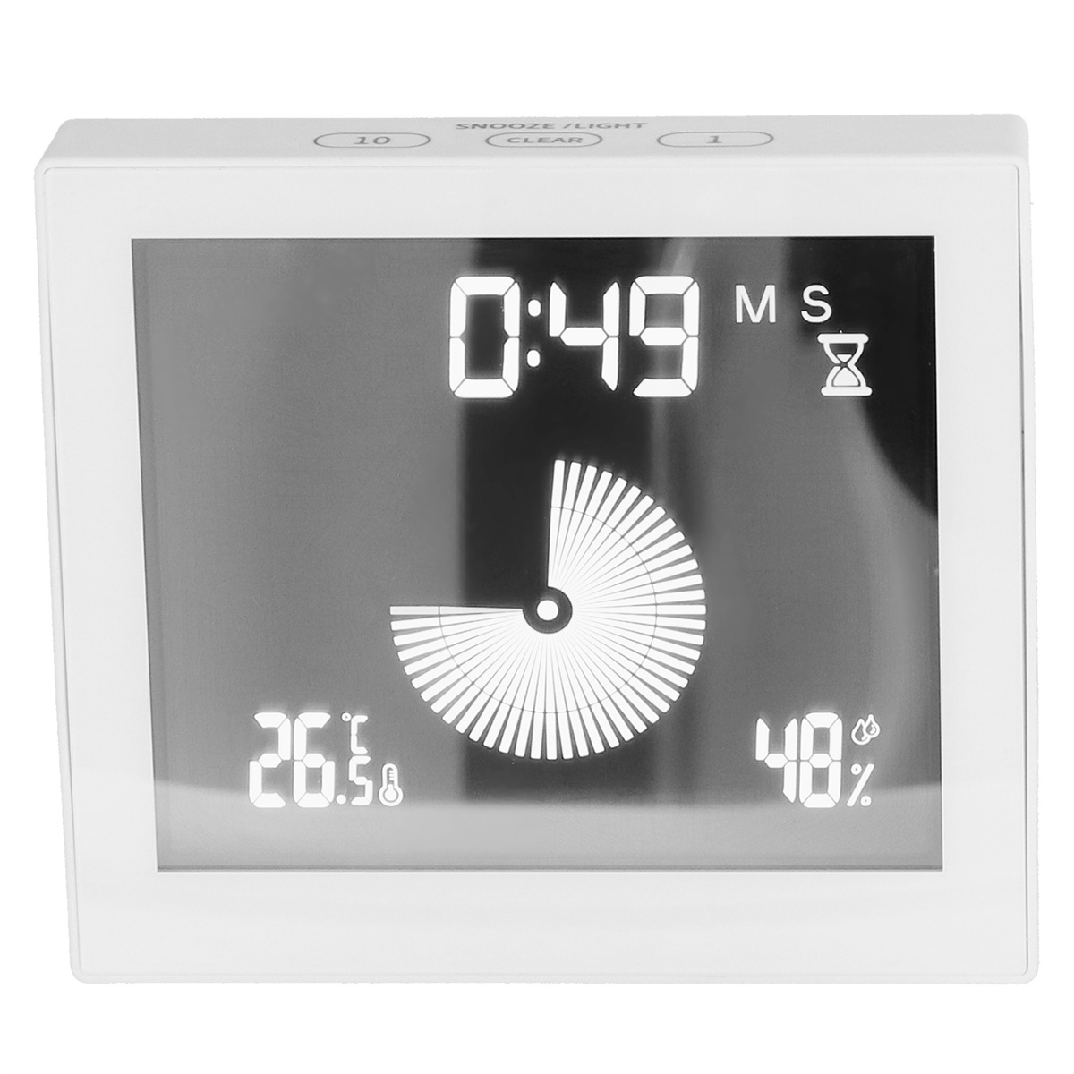 Weißer digitaler Wecker mit Anzeige von Uhrzeit, Temperatur, Luftfeuchtigkeit und einer kreisförmigen Anzeige.