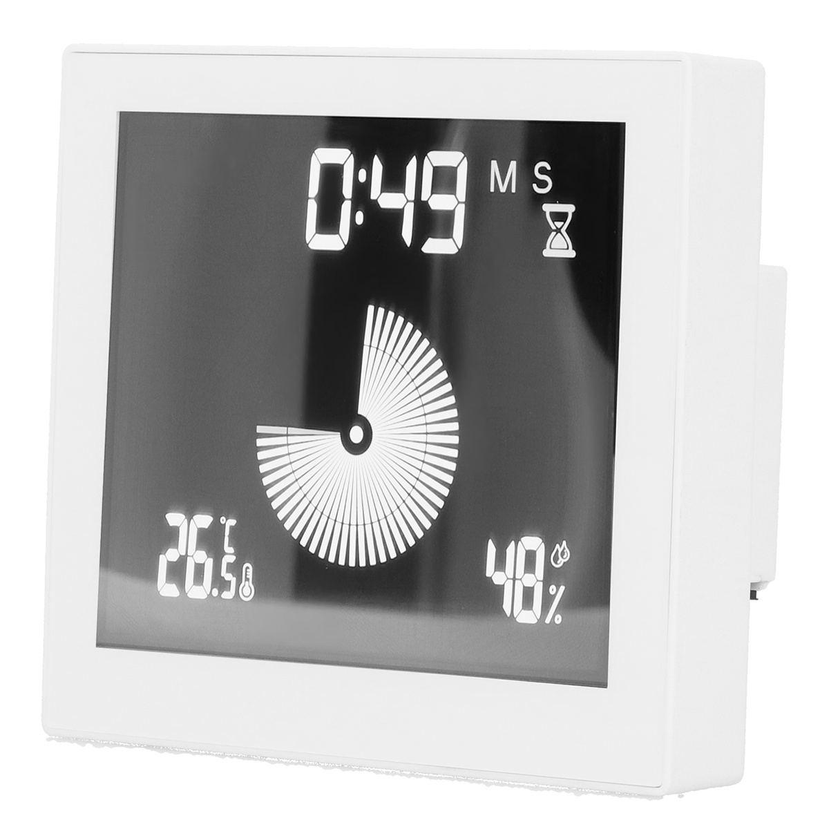 Weißes Digitalgerät, das Zeit, Temperatur und Luftfeuchtigkeit anzeigt. Das Display zeigt 0:49 MS und andere Daten.