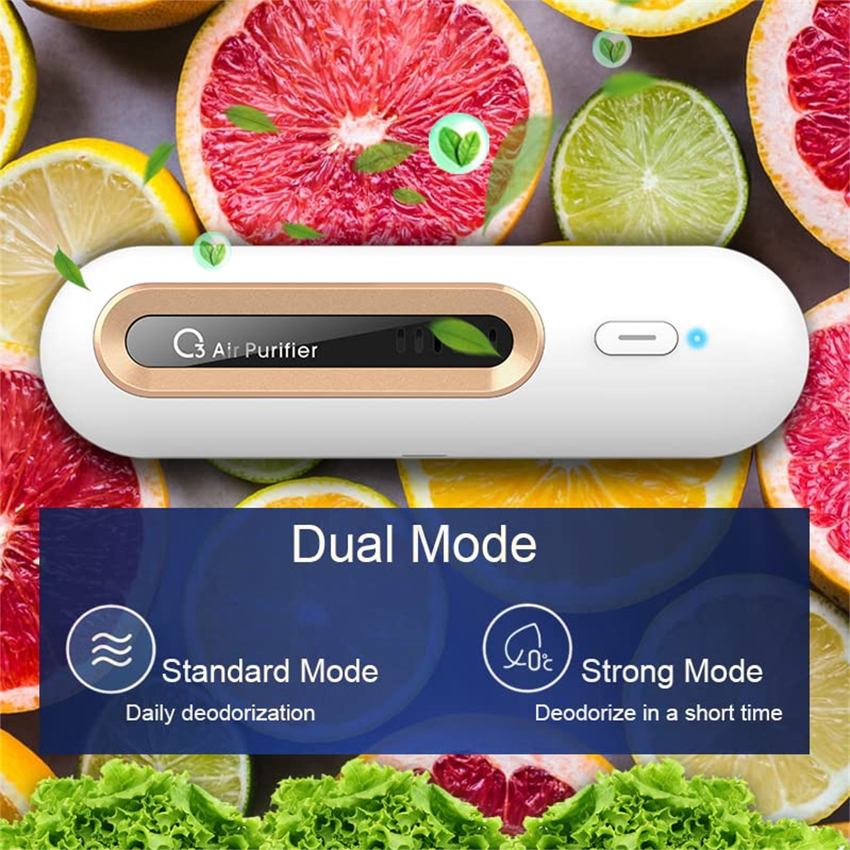 Luftreiniger mit Frucht Hintergrund. Er hat Standard/starken Modus und den Namen "Q3 Air Purifier".