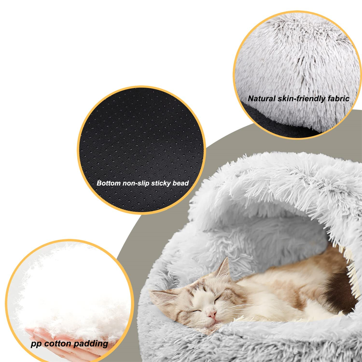 Eine Katze schläft in einem weichen, grauen Katzenbett mit Nahaufnahmen von Merkmalen.