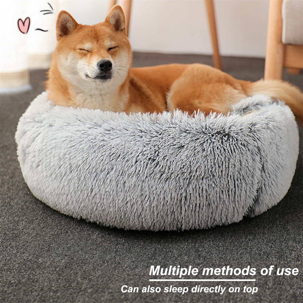 Ein Hund in einem flauschigen, grauen Bett. Der Hund ist hellbraun und das Bett ist grau und rund.