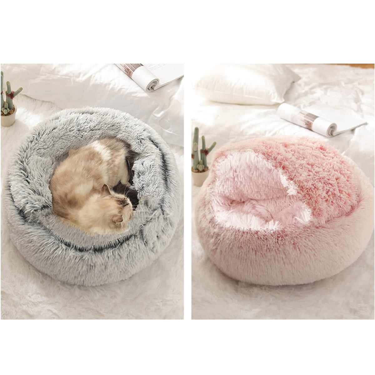 Zwei Haustierbetten, eines grau mit Katze, das andere rosa. Beide sind rund und flauschig, auf weißem Hintergrund.