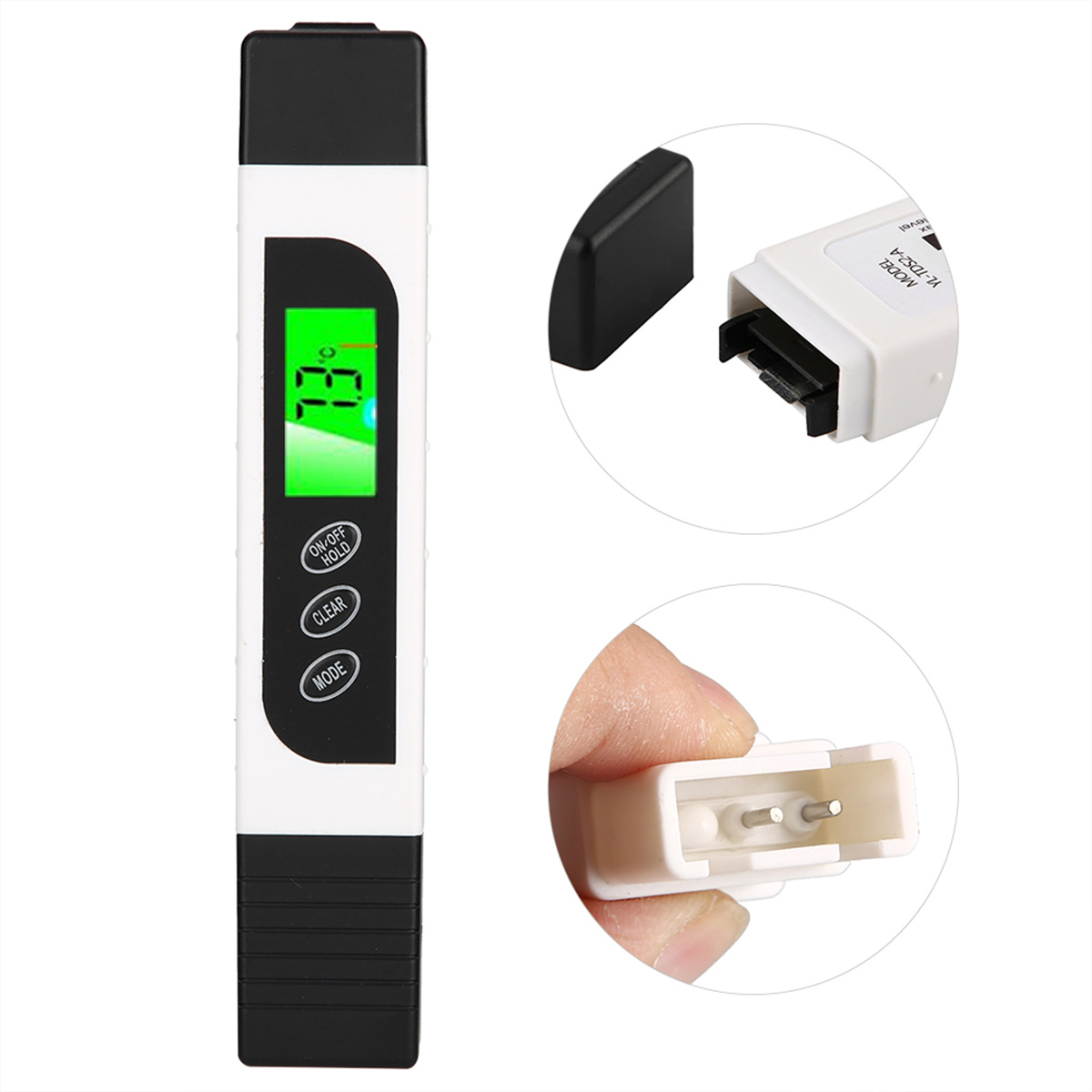 Digitaler Wasserqualitätstester mit Display und Knöpfen, Nahaufnahme des Sensors.