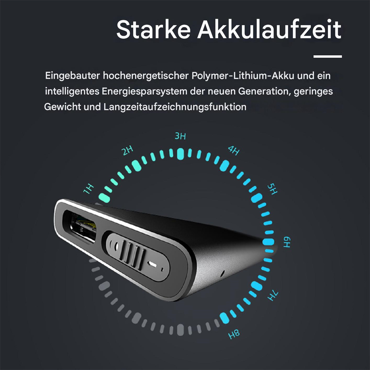 Diagramm, das eine Powerbank mit Zeitanzeigen um sie herum zeigt, Text auf Deutsch.