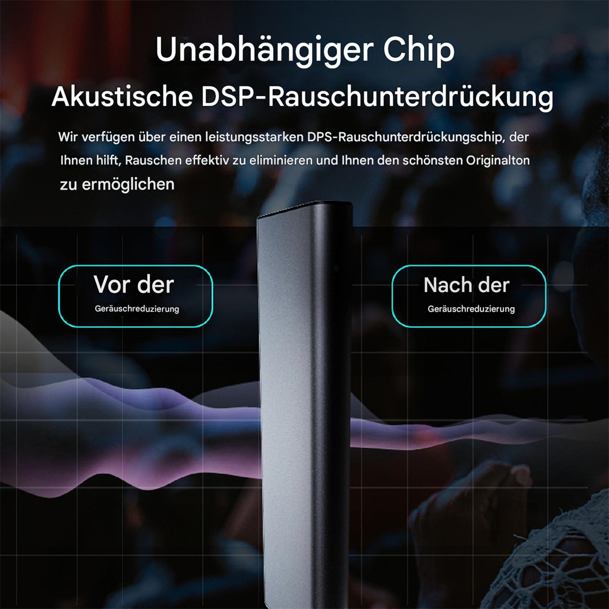 Bild zeigt Schallwellengraphen vor und nach Rauschunterdrückung mit Text über die Funktion.