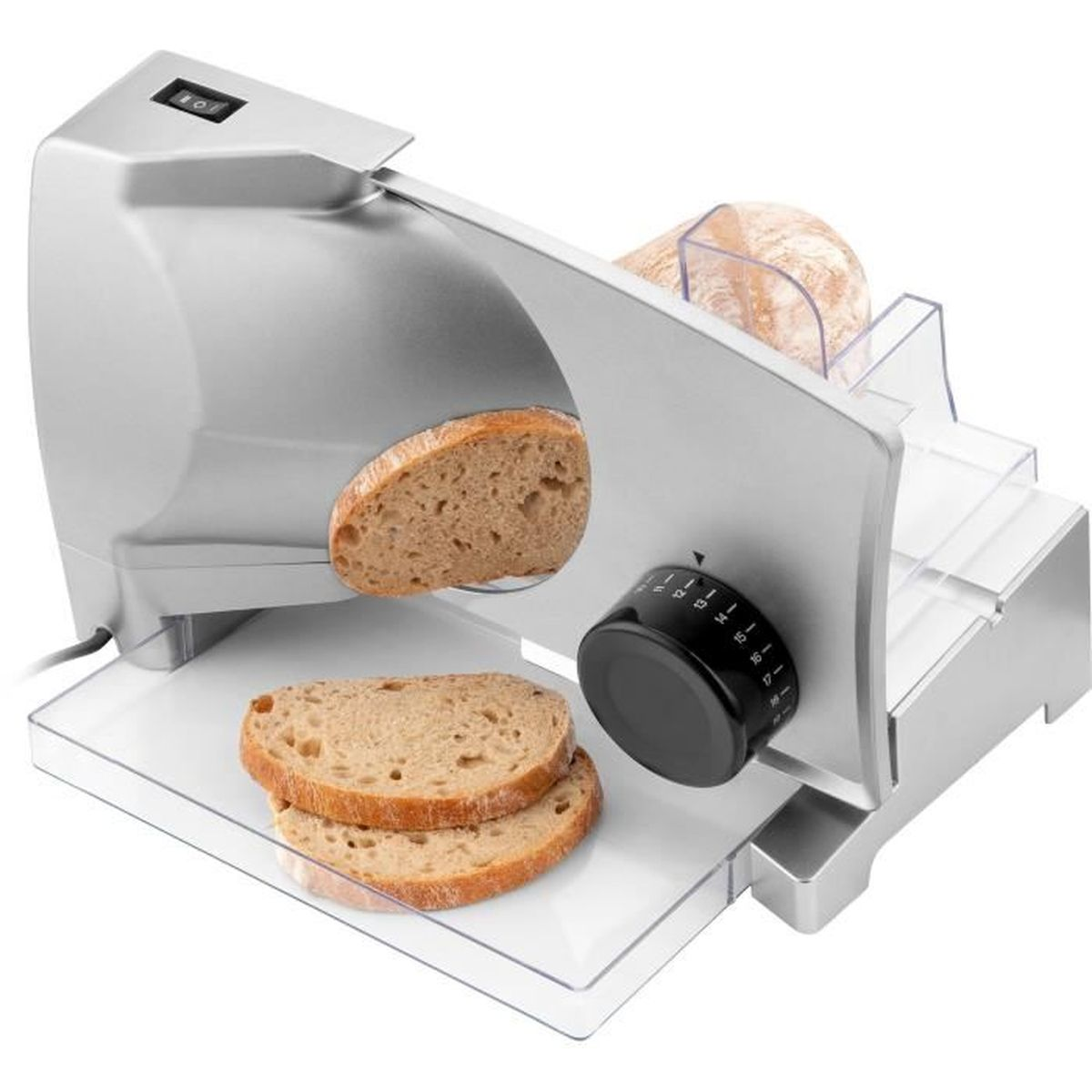 Affettatrice per pane argento e nera con una fetta di pane davanti.
