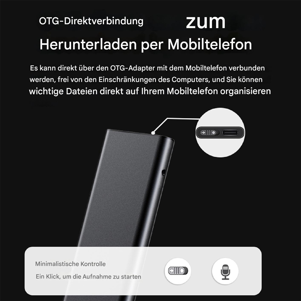 Schwarzes Gerät mit verbundenem Telefon. Text beschreibt das Herunterladen von Mobilgeräten.