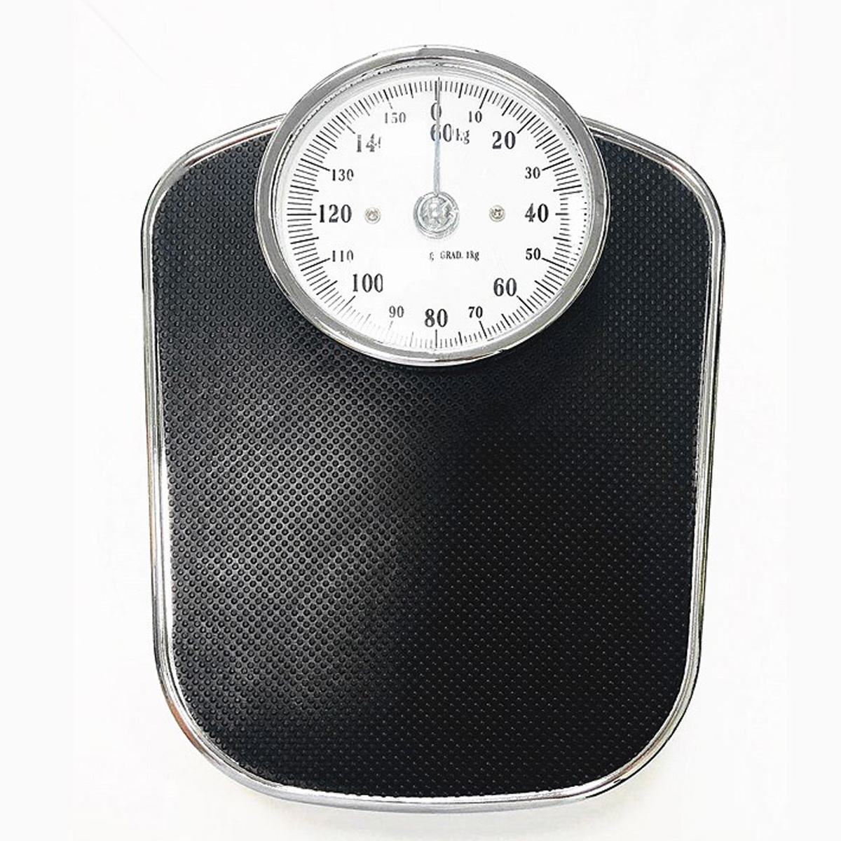 Schwarz-silberne analoge Waage mit einer Gewichtsskala, die 120 kg anzeigt.
