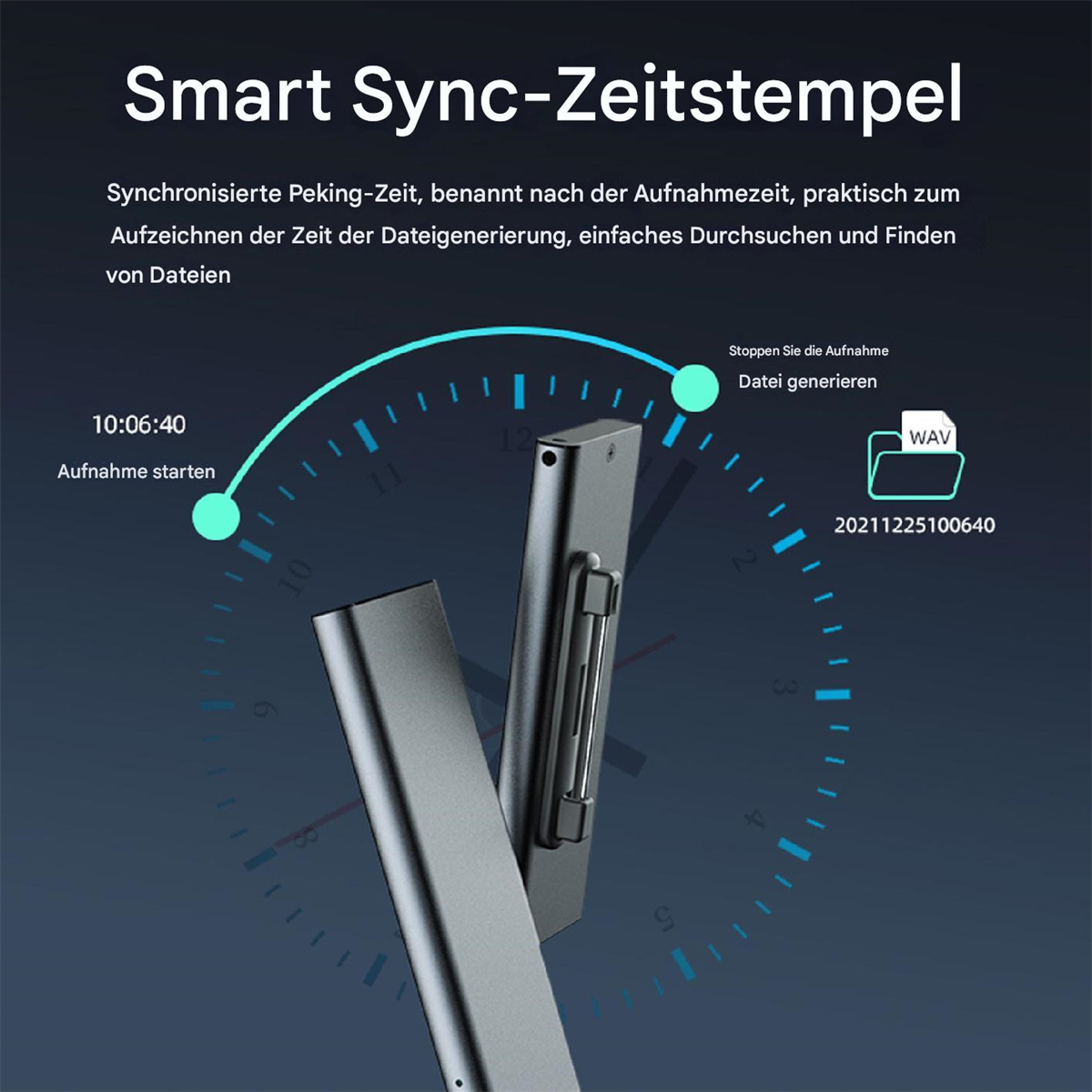 Ein Aufnahmegerät mit einem Bildschirm mit Zeitstempeln. Das Gerät hat eine uhrähnliche Grafik darum herum.