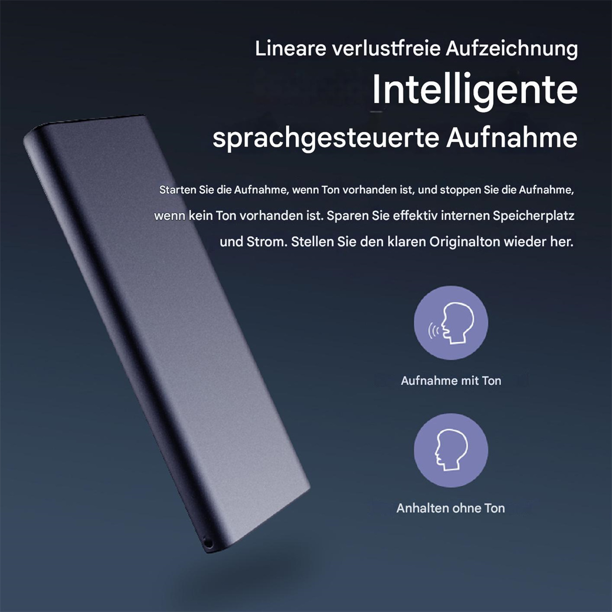 Dunkelgraues rechteckiges Gerät mit Text und Symbolen zur sprachgesteuerten Aufnahme.
