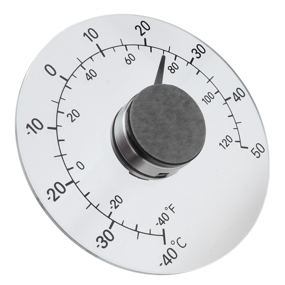 Ein runder, klarer Thermometer mit Temperaturskalen und einer schwarzen Nadel.
