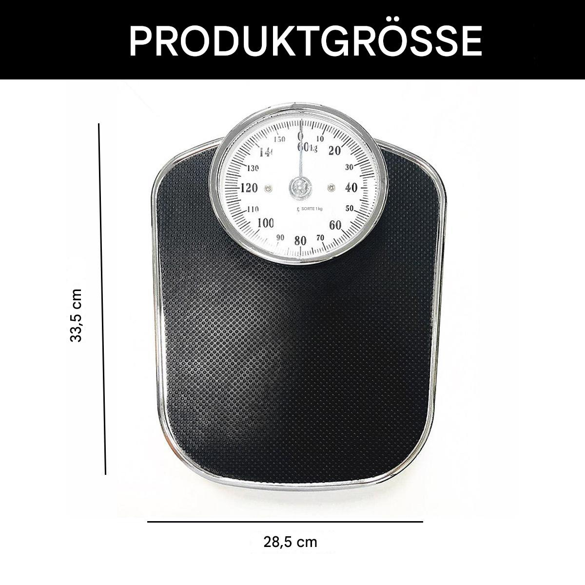 Schwarze Badezimmerwaage mit rundem Zifferblatt, die Messungen und Abmessungen zeigt.