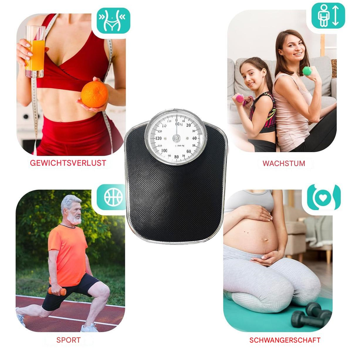 Eine Waage mit vier Bildern: Gewichtsverlust, Wachstum, Sport und Schwangerschaft.