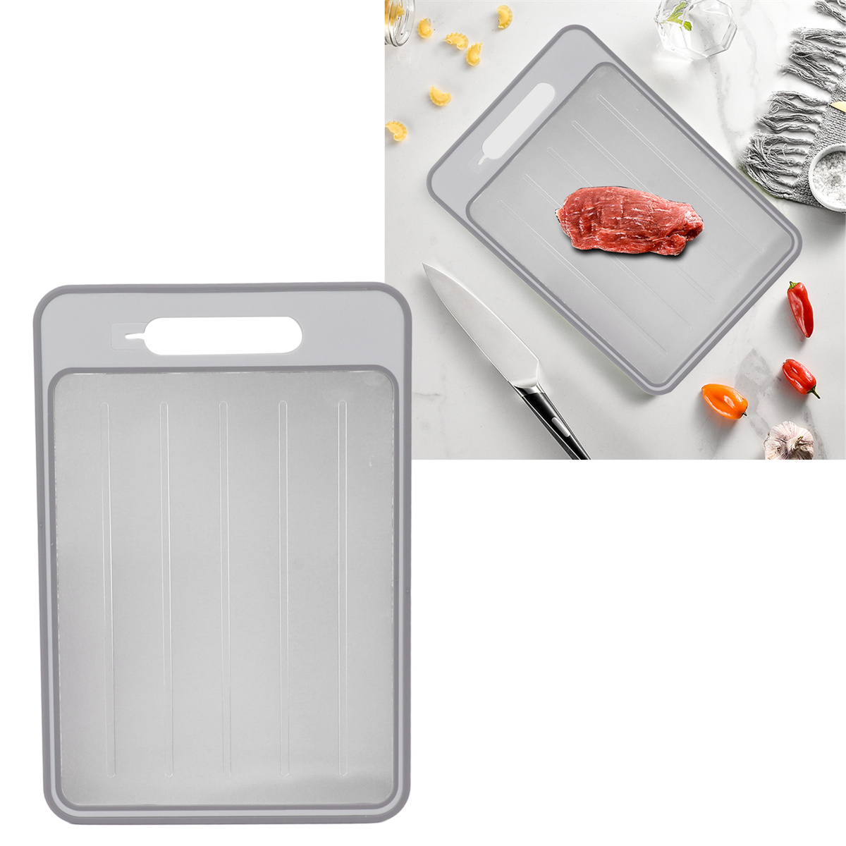 Zwei Schneidebretter. Eines mit Fleisch und einem Messer. Das andere ist leer.
