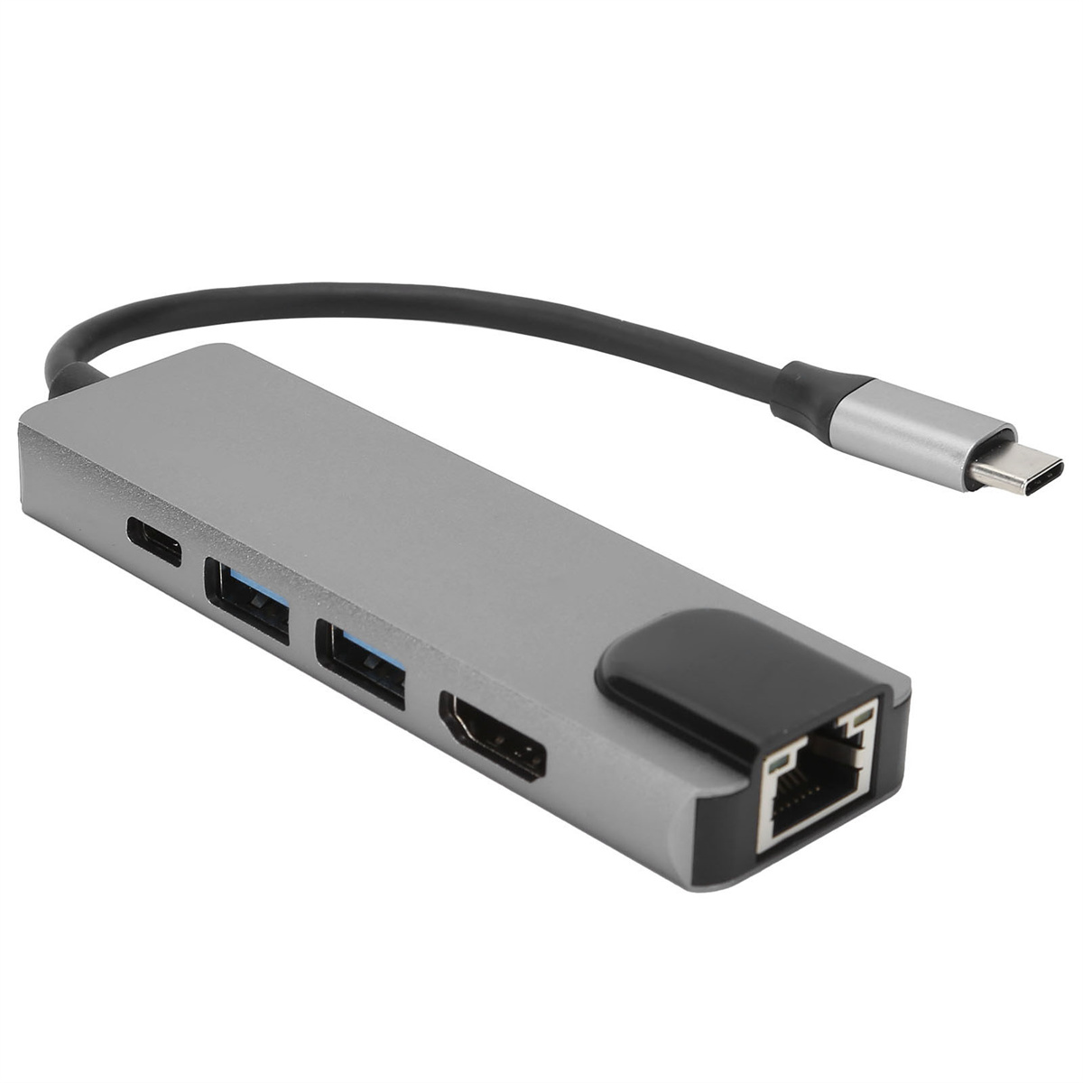 Grauer USB-C-Hub mit mehreren Anschlüssen: USB, HDMI und Ethernet. Ein schwarzes Kabel ist angeschlossen.