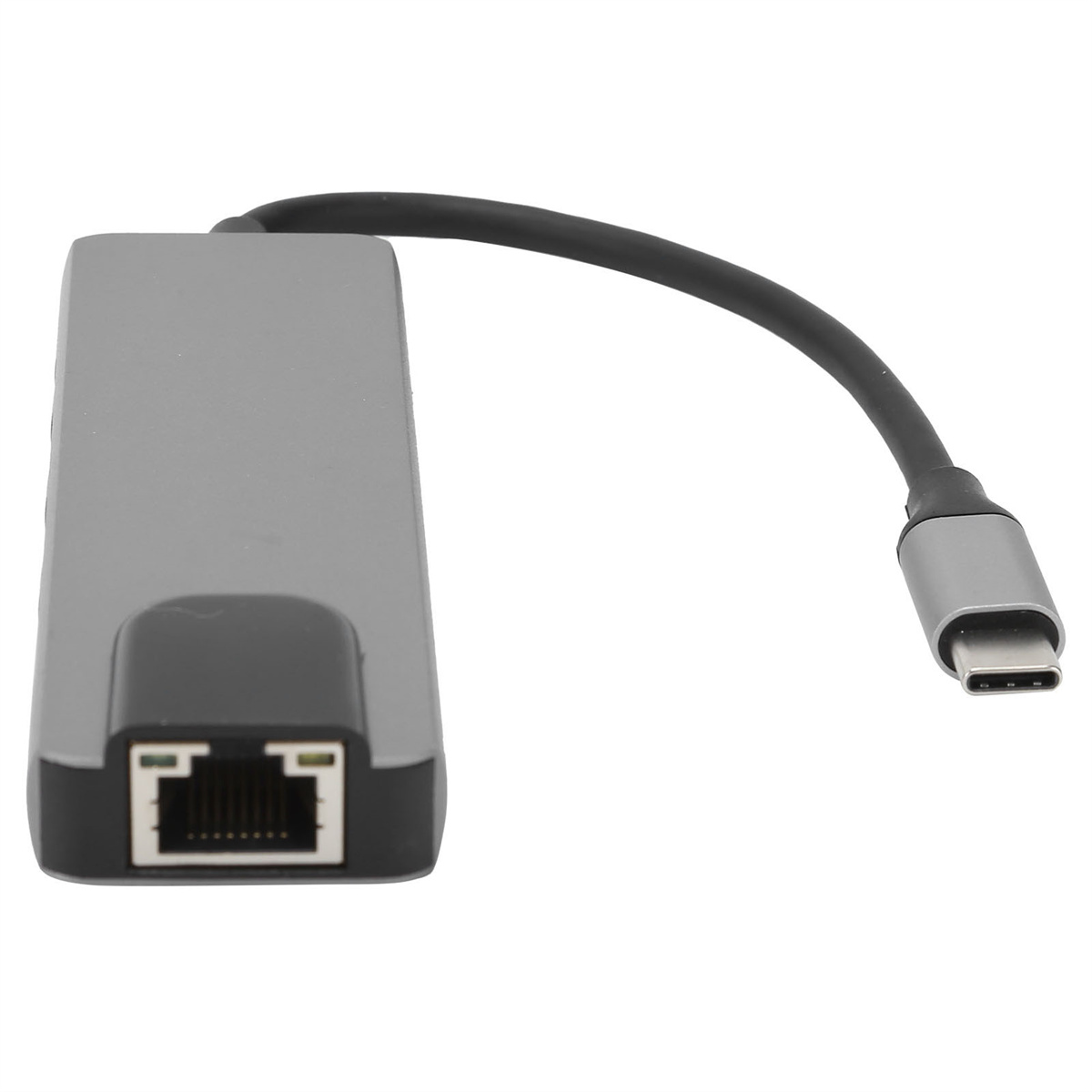 Ein grauer USB-C-Hub mit schwarzem Kabel und Ethernet-Anschluss.
