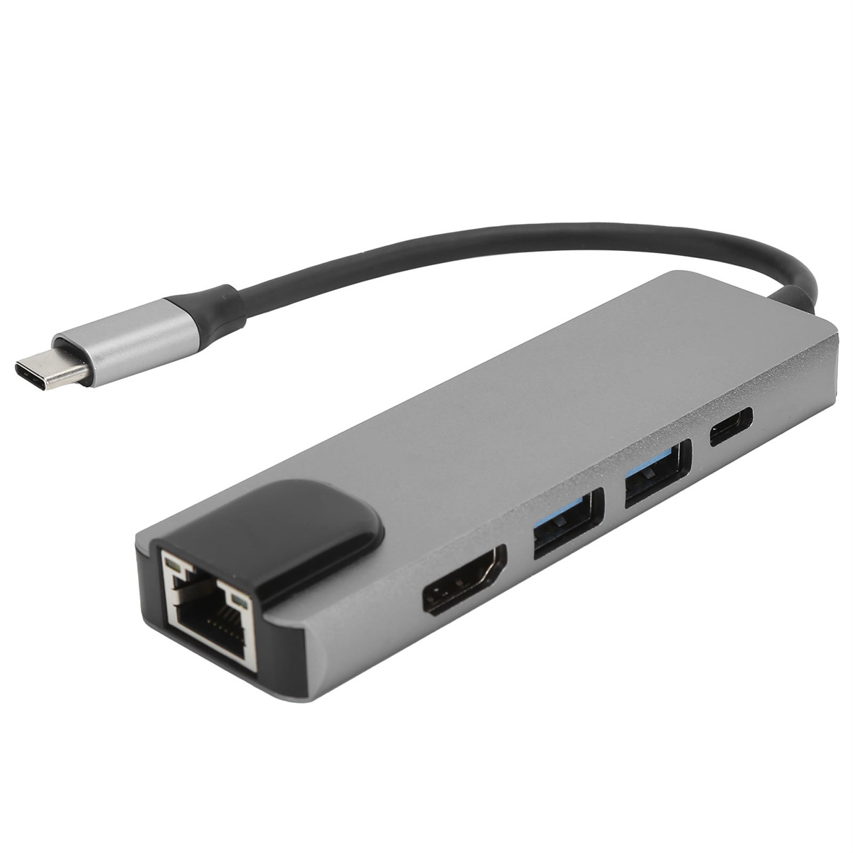 Ein grauer USB-C-Hub mit verschiedenen Anschlüssen, einschließlich HDMI und USB, verbunden mit einem schwarzen Kabel.