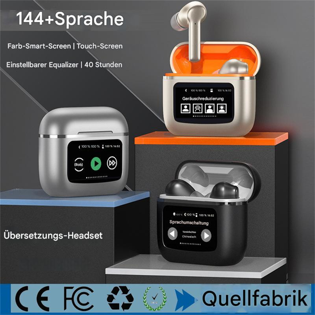 Ohrhörer und ihr Ladeetui, mit Touchscreen und verschiedenen angezeigten Funktionen.