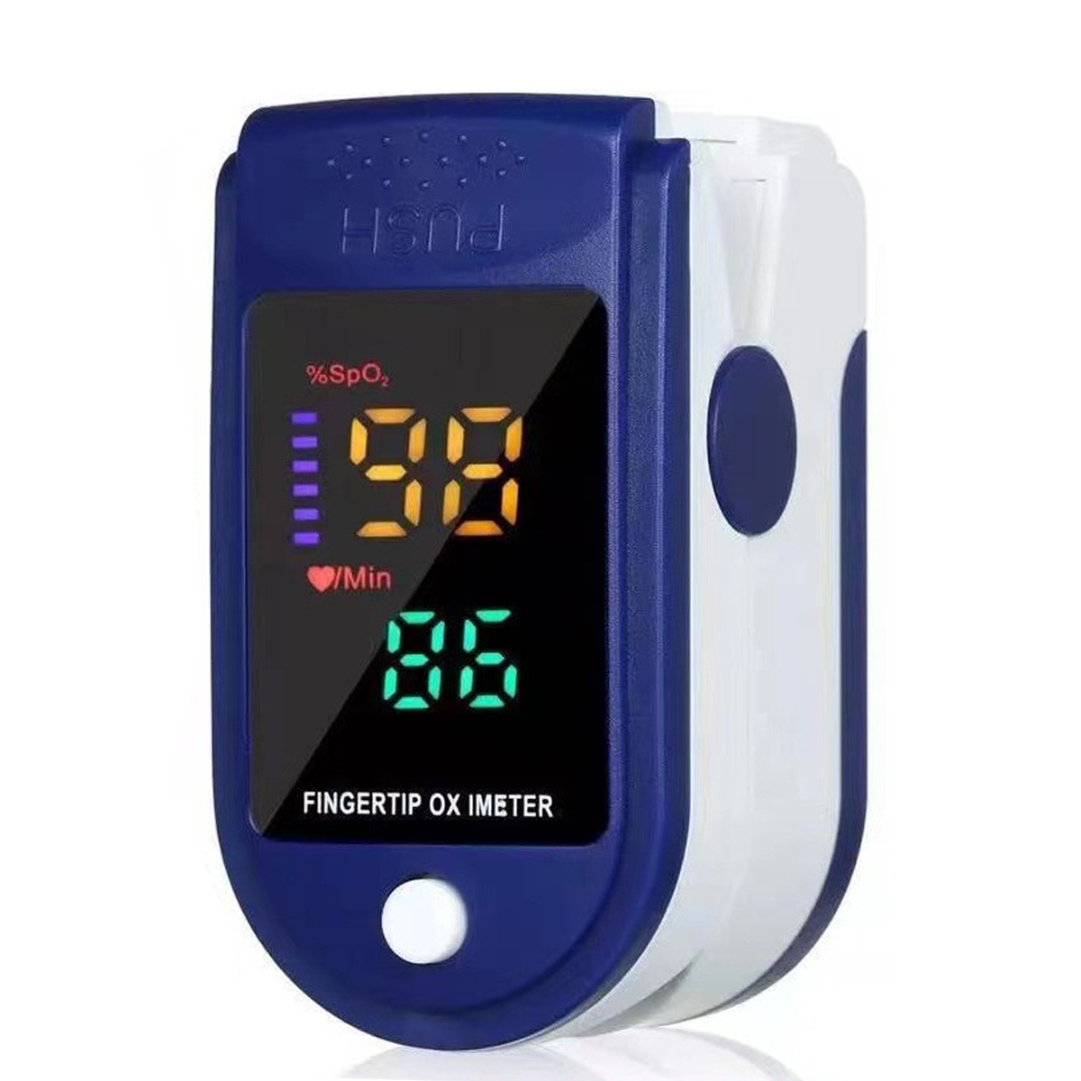 Ein Fingerpulsoximeter zeigt SpO2 und Herzfrequenz an. Es ist blau/weiß, hat ein digitales Display mit orangefarbenen und grünen Ziffern.