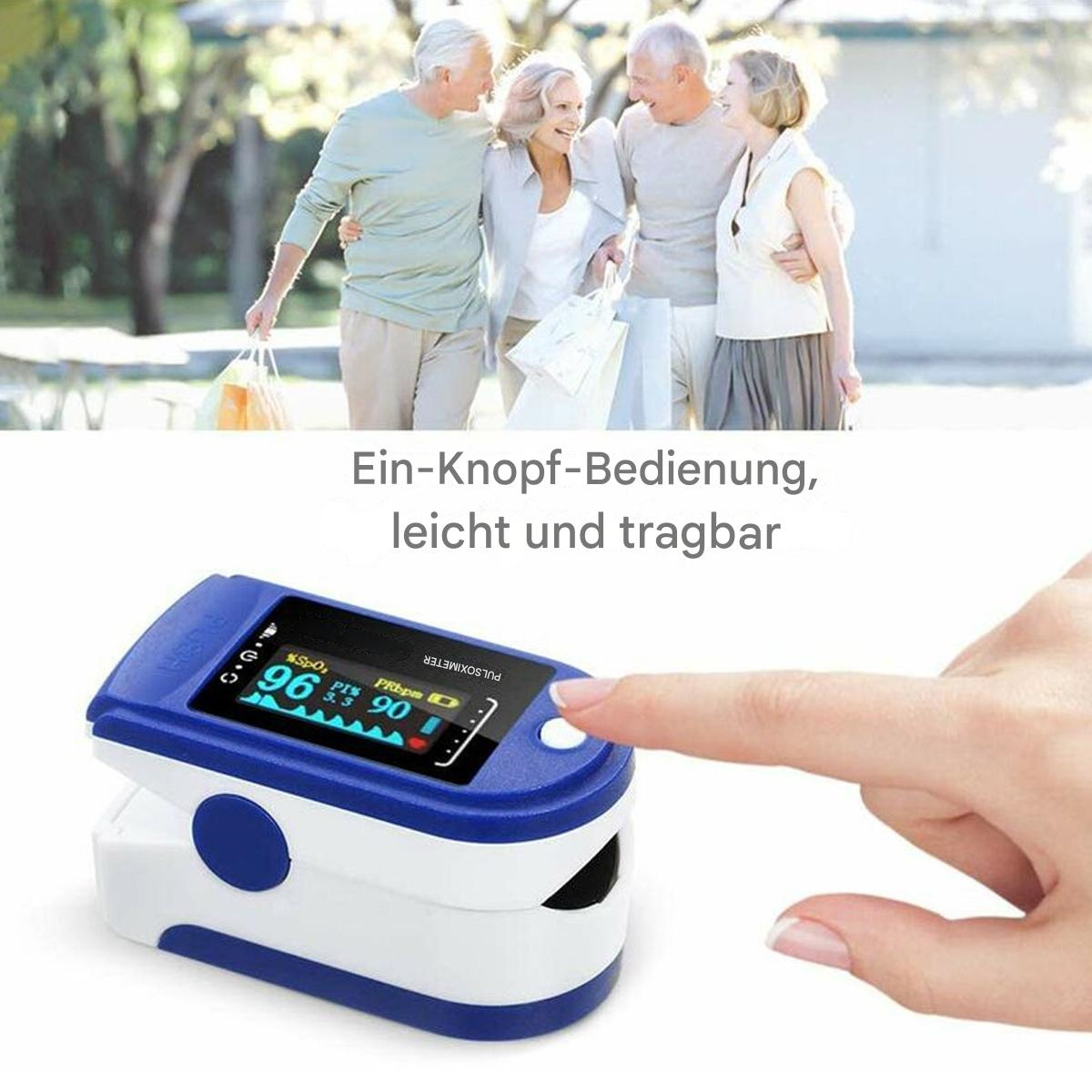 Person benutzt ein Pulsoximeter mit Senioren im Hintergrund. Text: 'Ein-Knopf-Bedienung'.