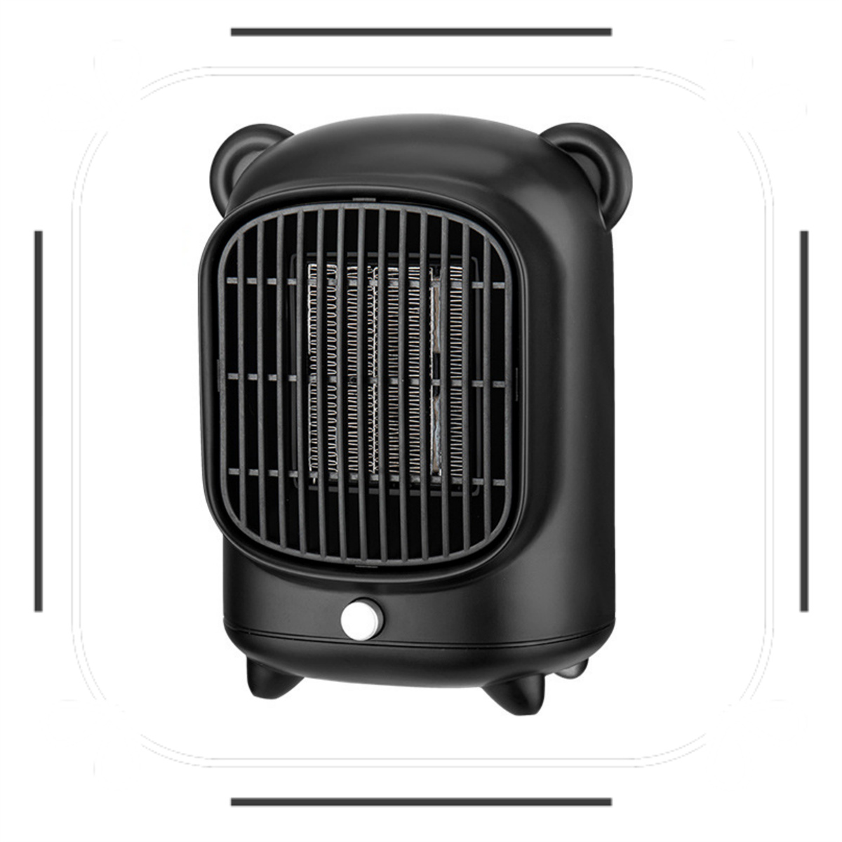 Schwarze Bären-Heizung mit Frontgrill. Hat zwei kleine Ohren und einen einzigen Knopf.