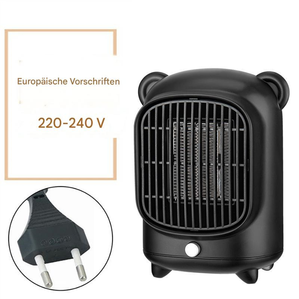 Eine schwarze, bärenförmige Heizung mit Stecker. Es ist eine schwarze Heizung mit Bärengesicht und europäischem Stecker.